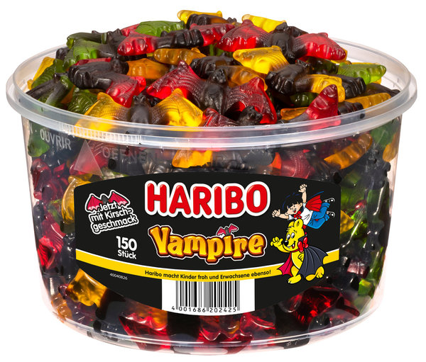 Haribo Vampire Fruchtgummi mit Lakritz 150 Stück (1,2 kg) - Transparente Dose
