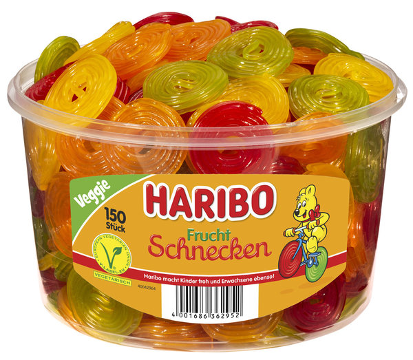 Haribo Fruchtschnecken 150 Stück (1,2 kg) - Transparente Dose