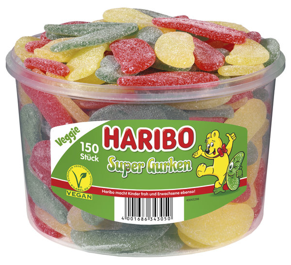 Haribo Super Gurken Veggie 150 Stück (1,35 kg) - Transparente Dose